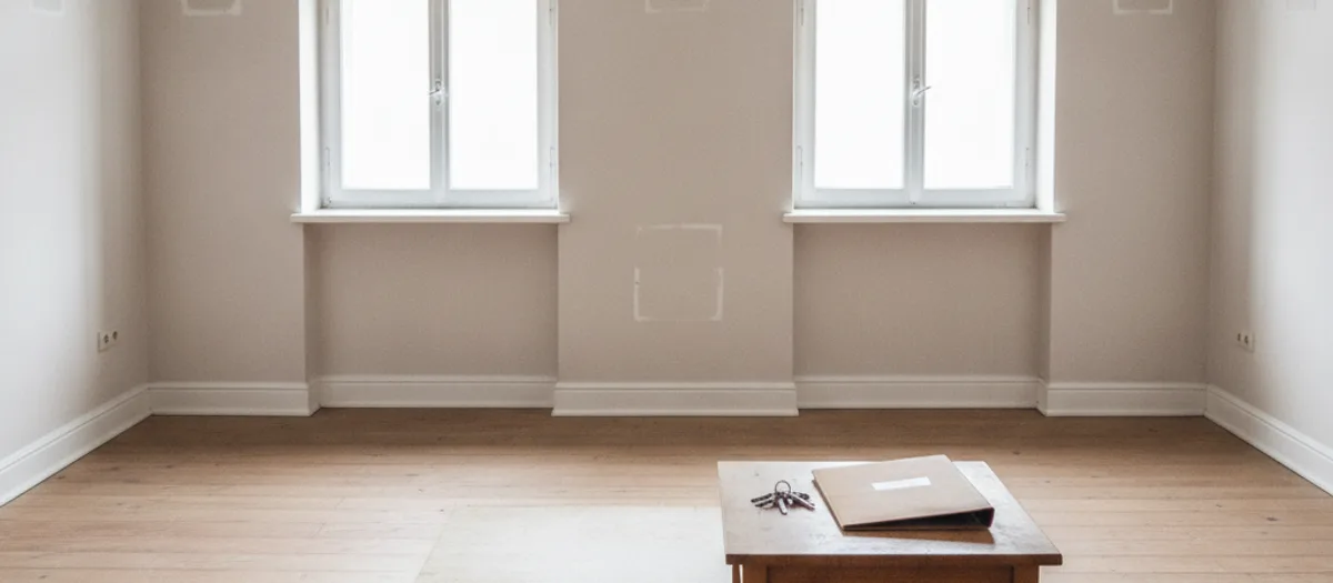 Leer geräumtes Wohnzimmer mit zwei Fenstern und abgezogenen Dielen; in der Mitte ein kleiner Holztisch mit einem Schlüsselbund und einer geschlossenen Mappe, an der Wand helle Umrisse abgehängter Bilder.