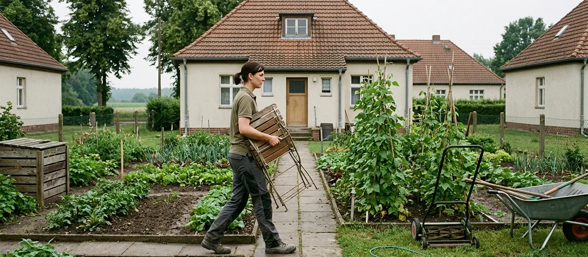 Umzugskraft trägt einen Stapel zusammengeklappter Gartenstühle über den Plattenweg durch den Nutzgarten hinter einem Siedlungshaus; rechts stehen ein Handrasenmäher und eine Schubkarre mit Gartengeräten bereit.