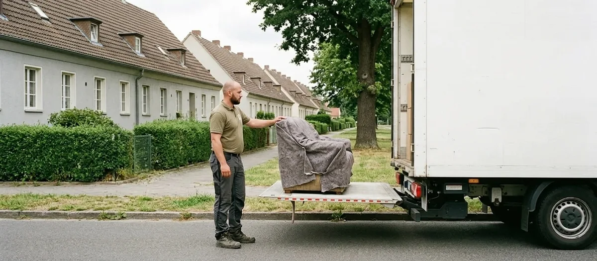 Ein einzelnes in eine Decke gewickeltes Polstermöbel steht auf der Ladebordwand eines weißen Umzugswagens, eine Umzugskraft hält es von der Seite mit einer Hand fest; dahinter eine lange Reihe gleicher Siedlungshäuser.
