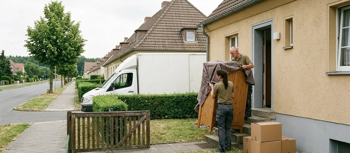 Zwei Umzugskräfte heben einen in eine Decke gewickelten Kleiderschrank über die Stufen zur Haustür eines Siedlungshauses; im Vorgarten steht ein offenes Holztor in der Hecke, an der Straße wartet der weiße Umzugswagen.