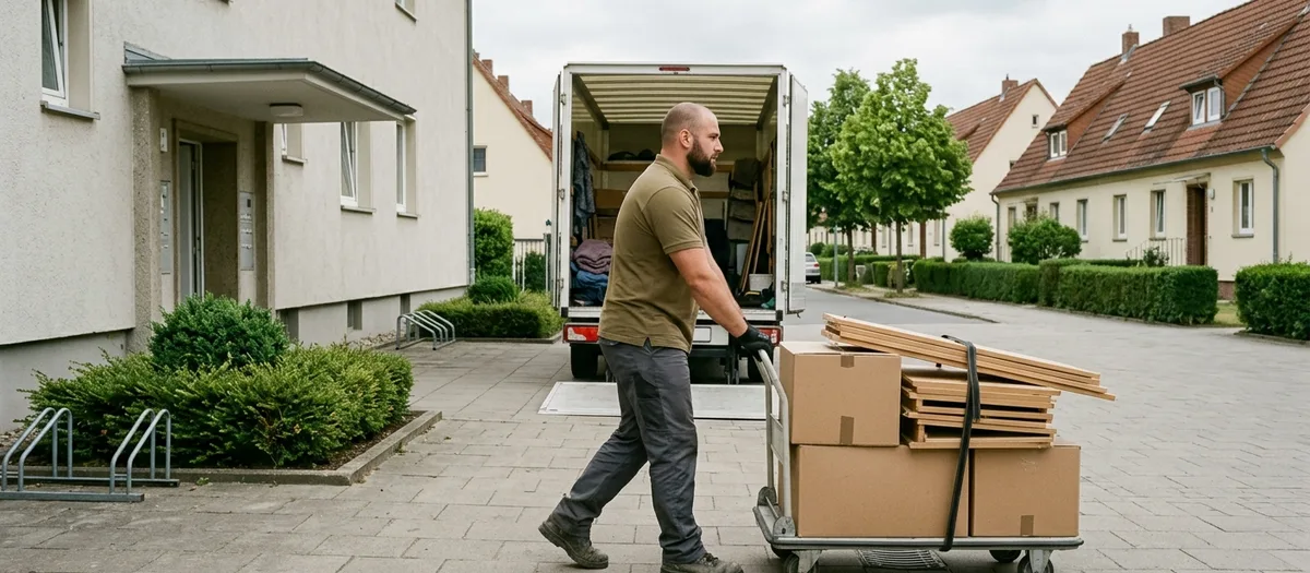 Umzugskraft schiebt einen flachen Plattenwagen mit Kartons und gebündelten Regalteilen über den gepflasterten Vorplatz eines Wohnhauses; dahinter der offene Laderaum des weißen Umzugswagens und Fahrradständer.