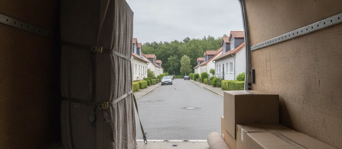 Blick aus dem Laderaum des Umzugswagens nach hinten ins Freie: links in Decken gewickeltes Mobiliar, mit Spanngurten an der Zurrschiene gesichert, rechts gestapelte Kartons, draußen eine Siedlungsstraße.
