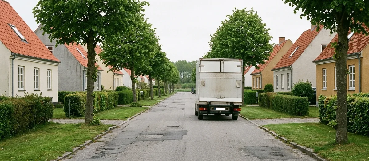 Weißer Umzugswagen fährt eine gerade, von alten Linden gesäumte Siedlungsstraße hinunter, von hinten gesehen; links und rechts Hecken und gleiche Häuser mit steilen Ziegeldächern.