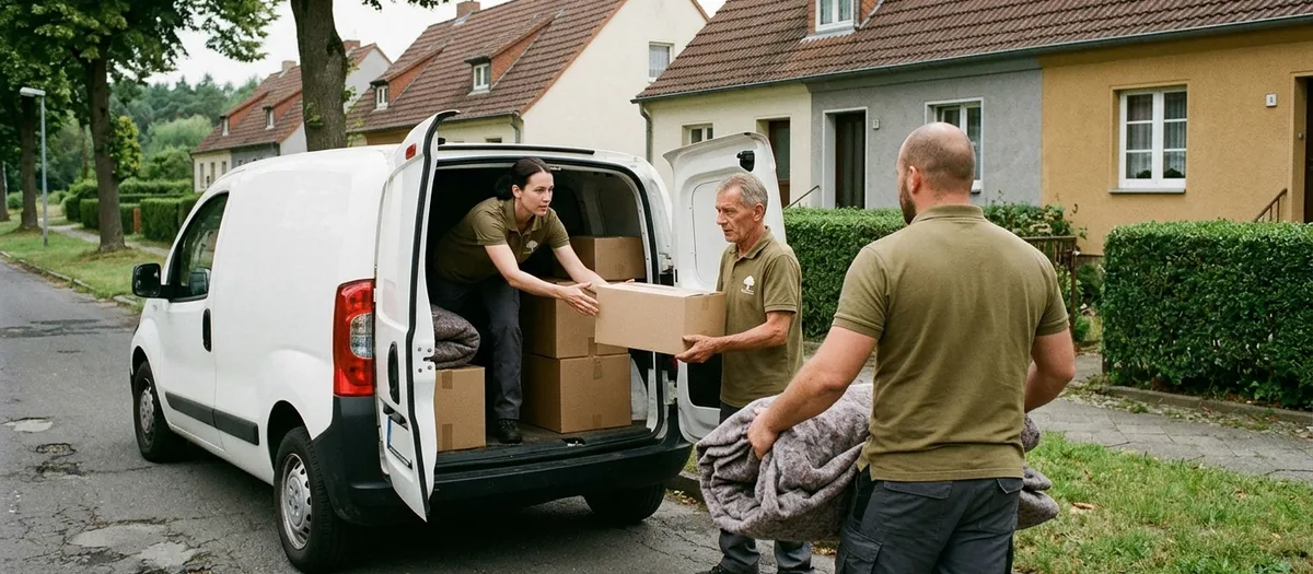 Drei Umzugskräfte reichen Kartons, Decken und eine Matratze in einen kleinen weißen Transporter; dahinter Hecken und die Reihe gleicher Siedlungshäuser.