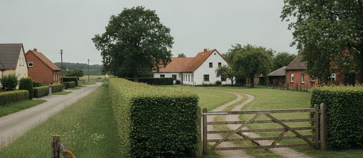 Lange geschnittene Hecke an einem Dorfweg mit offenem Holztor; dahinter führt eine Kiesspur über eine große Rasenfläche zu einem weiß verputzten Haus mit rotem Ziegeldach.