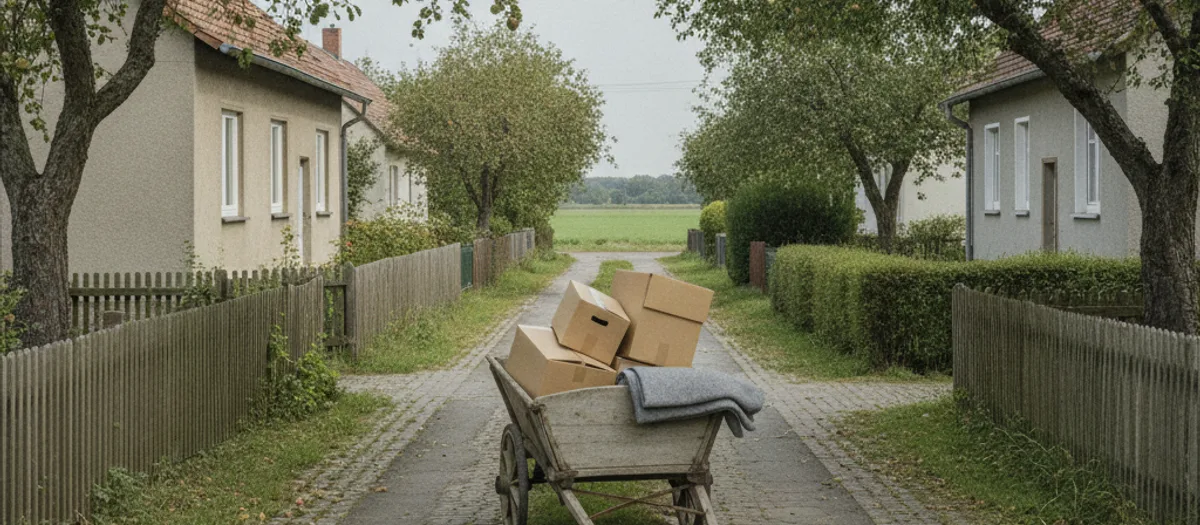 Beladener Holzhandwagen mit drei Kartons und einer gefalteten Decke auf einem gepflasterten Dorfweg zwischen Gartenzäunen und alten Obstbäumen; am Ende des Weges öffnet sich eine Wiese.