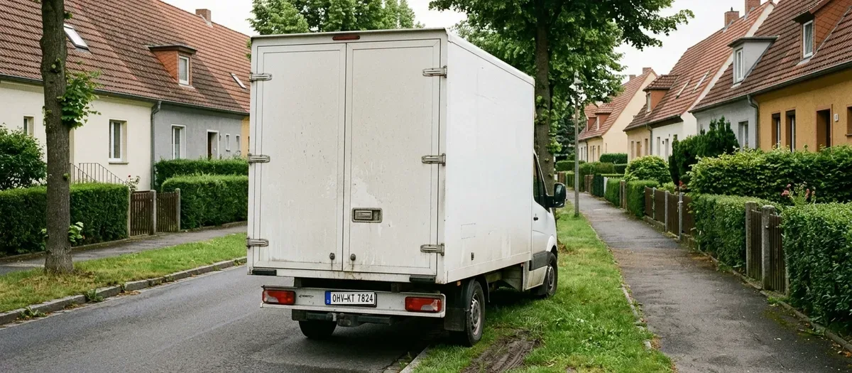 Weißer Umzugswagen von hinten in einer schmalen Siedlungsstraße, mit den rechten Rädern auf den Grünstreifen gefahren, damit die Fahrbahn frei bleibt; links und rechts Hecken und gleiche Siedlungshäuser.